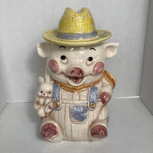 Pig Cookie Jar Vintage 60’s Farmer Pig Holding Rabbit Ceramic Treasure Craft USA